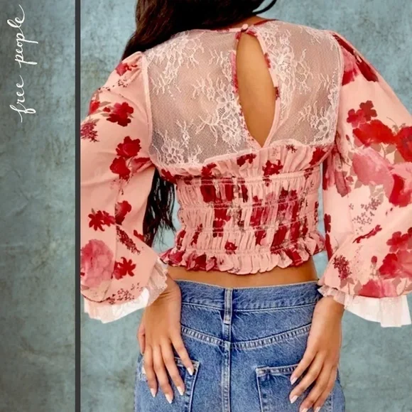 FREE PEOPLE Daphne Rose/Floral Long Sleeve Sheer Lace Ruched Blouse-Sm NWT - Picture 2 of 16